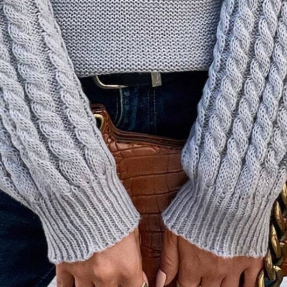 Cozy Grey Turtleneck Chunky Cable Knit Oversized Sweater - Picture 3 of 5